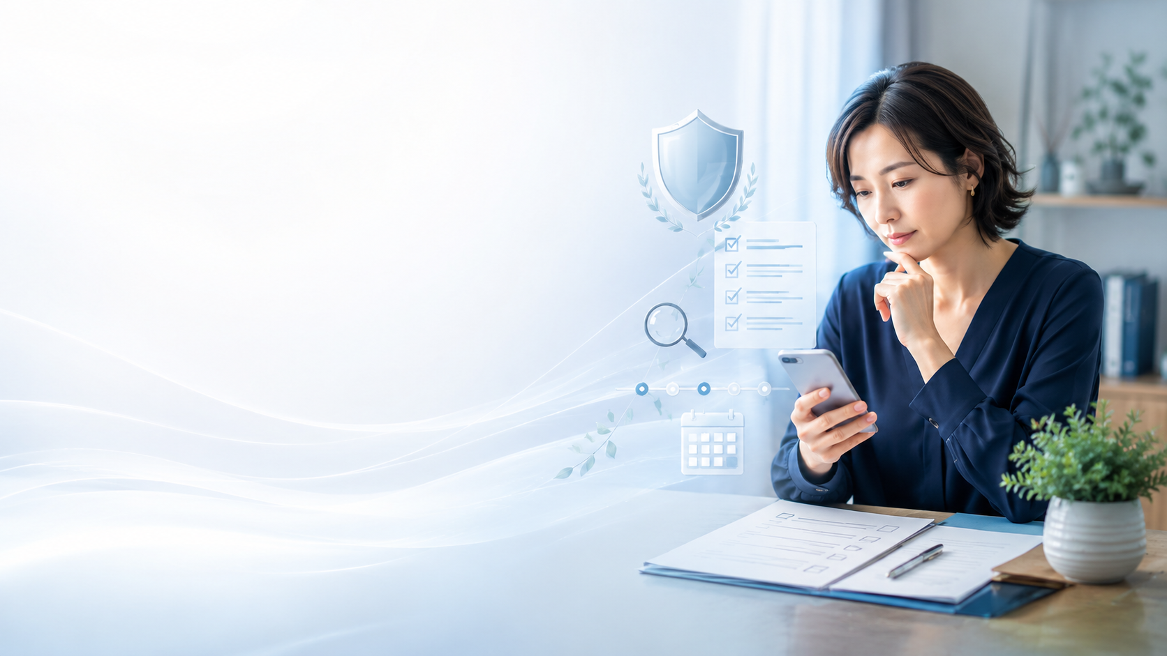 スマートフォンと書類を確認する女性